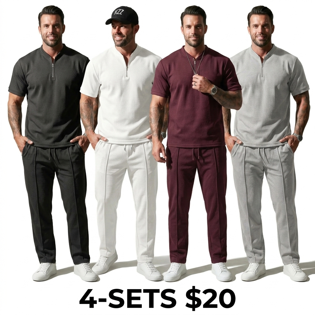 Men's 2-Piece Athleisure Wear Set - Solid Half-Zip Long Sleeve Jacket & Top-Stitching Waffle Pants