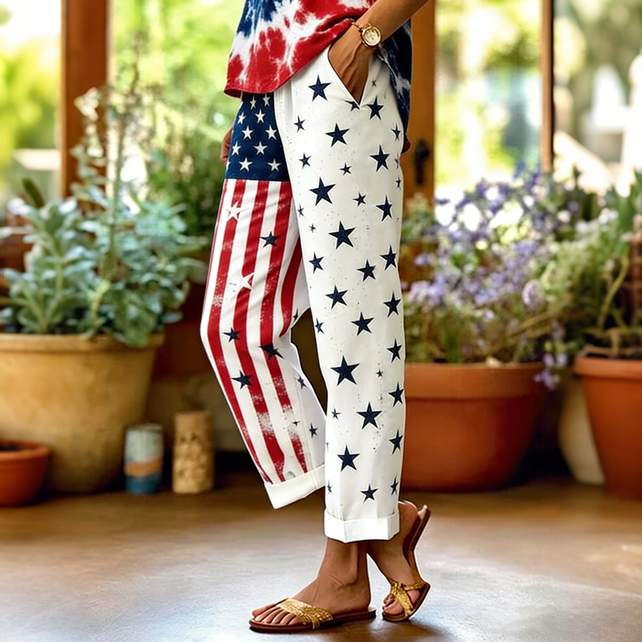 Women's Patriotic Asymmetrical American Flag Print Straight Leg Pants