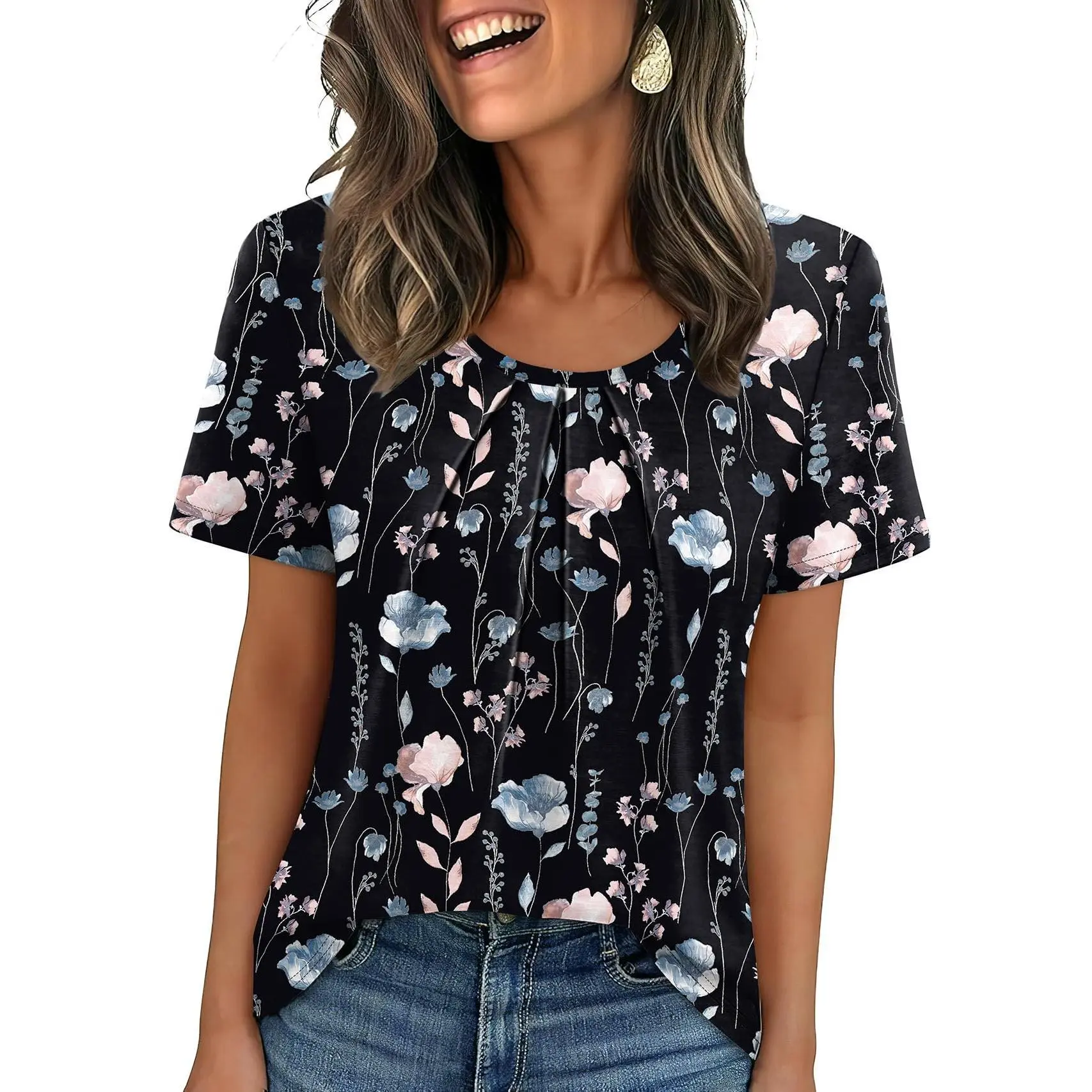 Women T Shirts Pleated Short Sleeve Tops Business Casual Dressy Blouses Crewneck Boho