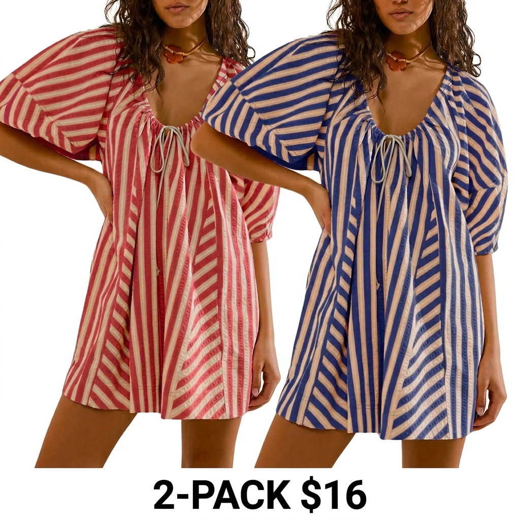 Women's Striped Wide Leg Romper – Puff Sleeve Loose Jumpsuit with Pockets