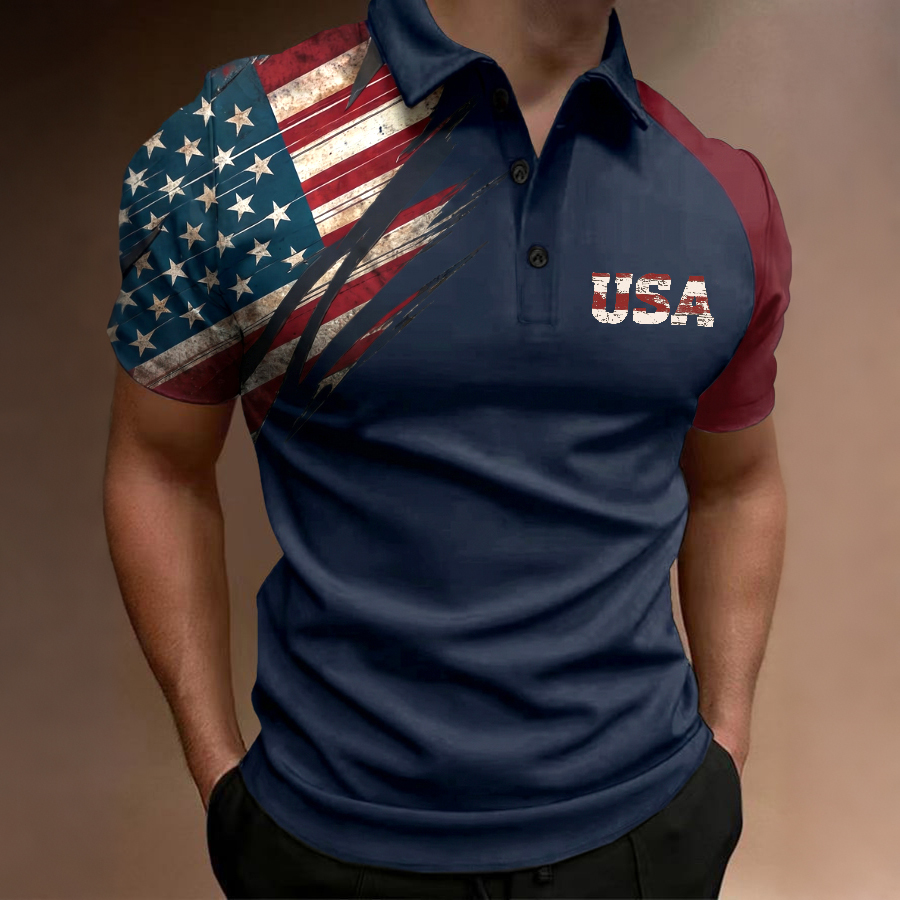 Men'S Casual Short Sleeved Polo Shirt For American Anniversary Celebration