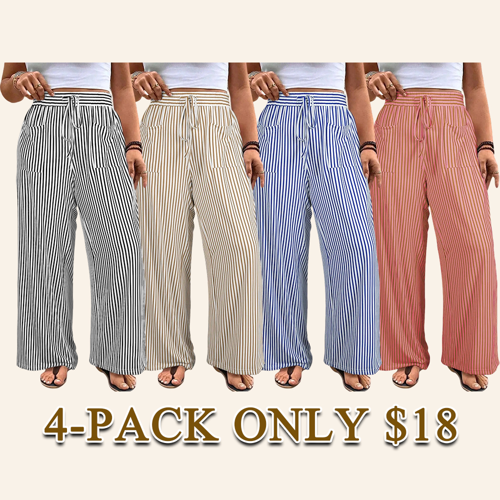 Women‘s Plus Size Wide Leg Pants Elastic High Waist Striped Casual Palazzo Pants Lounge Trouser with Pockets (1X-5X)