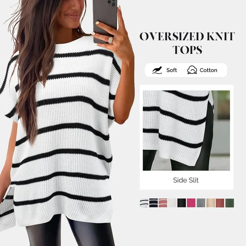 Women's loose-fitting round neck short-sleeved knitted sweater