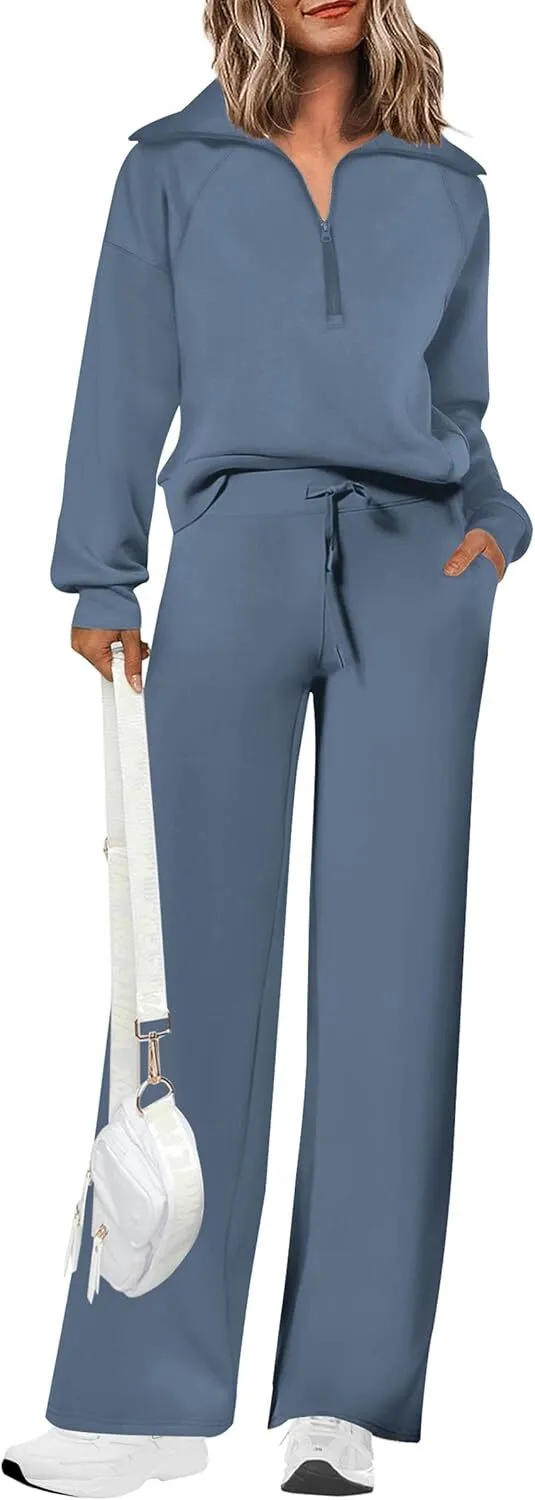 🔥Final Day Clearance!🛒Women's 2 Piece Outfits Casual Lapel Half Zip Sweatshirts And Wide Leg Pants Tracksuit Sets