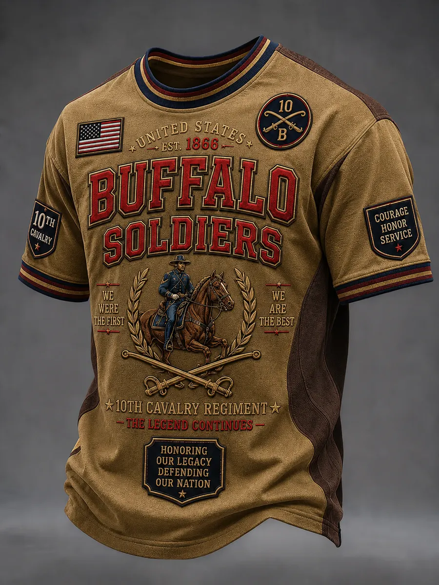 Men's Retro Buffalo Soldier Print  Casual T-Shirt