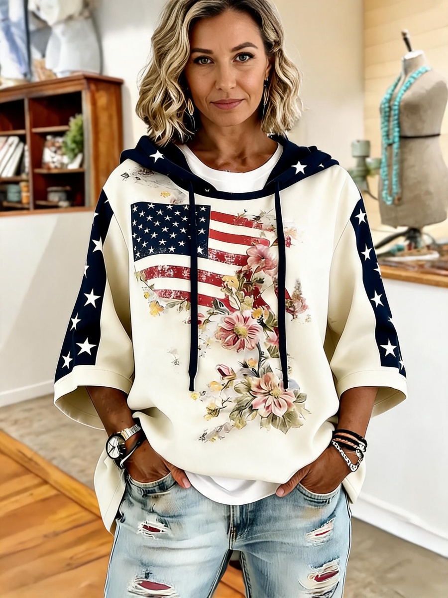 Women's Vintage Beige USA Flag Flower Print Oversized Hoodie