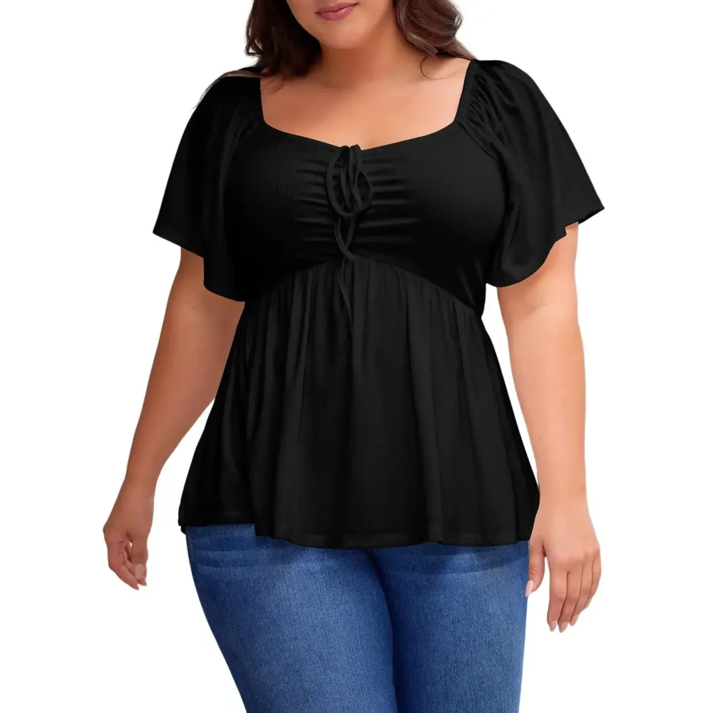 Women Plus Size Sweetheart Neck Short Sleeve Shirred Peplum Blouse Tops Shirts