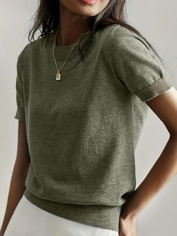 Women's Solid Color Crew Neck Short Sleeve Pullover