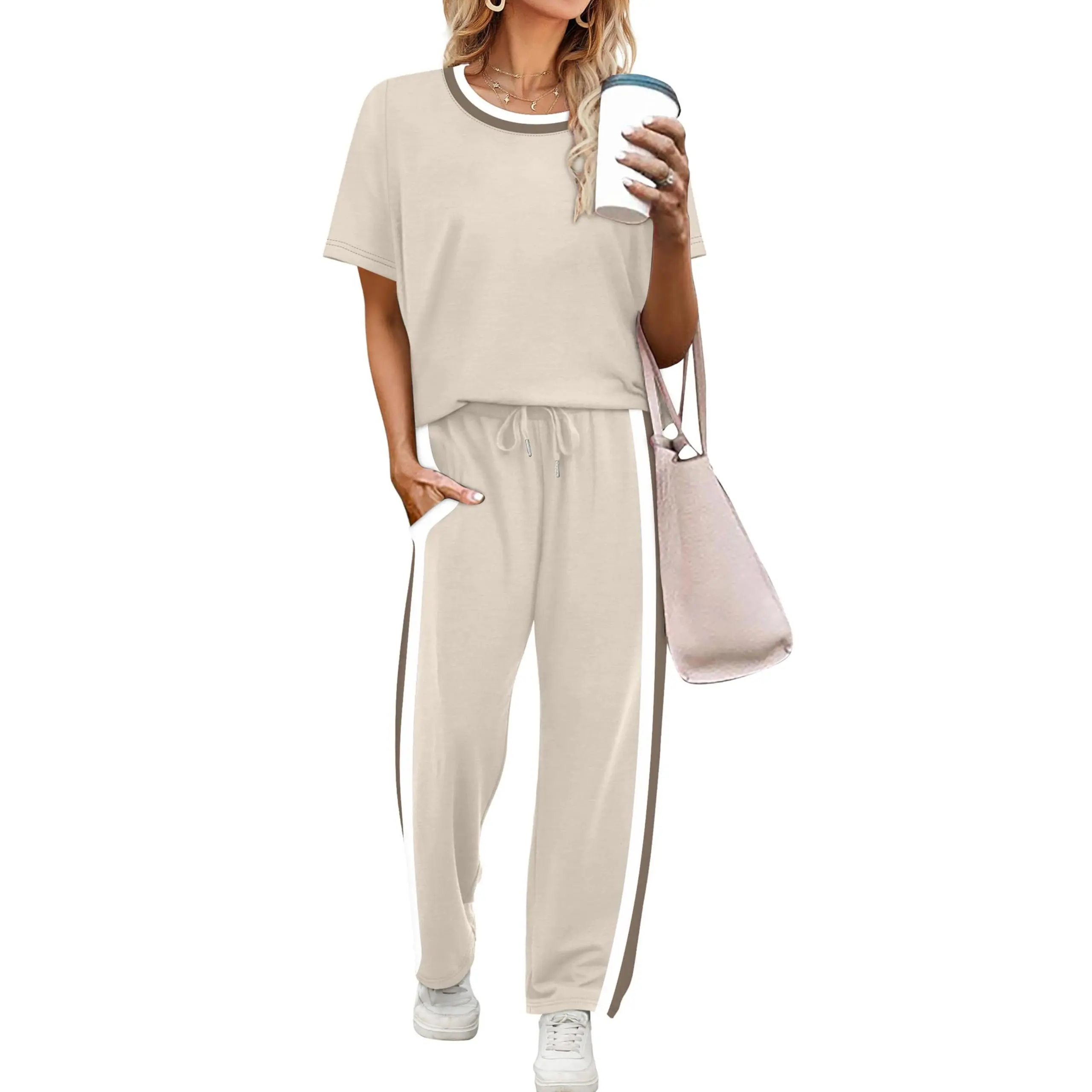 2 Piece Lounge Sets for Women Matching Set Summer Outfits Short Sleeve Tops Wide Leg Pants with Pockets