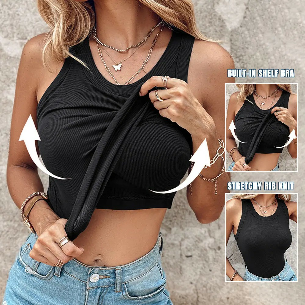 🔥Last day promotion🔥Seamless Ribbed Built-In Bra Racerback Tank Top for Women
