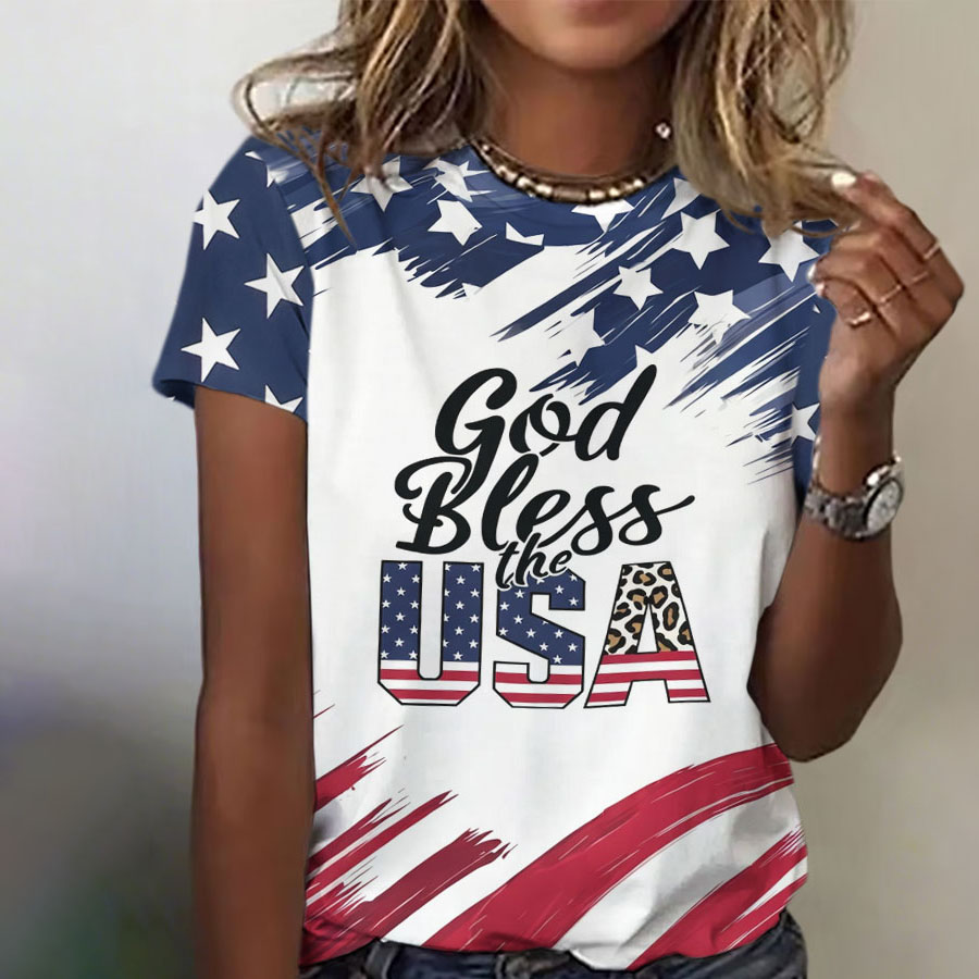 Women'S Retro God Bless The USA Independence Day Commemorative Printed Round Neck Short Sleeve T-Shirt