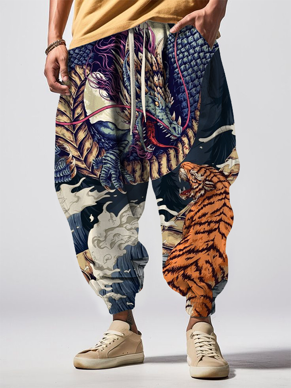Men's Dragon And Tiger Fight Print Loose Drawstring Waist Sweatpants