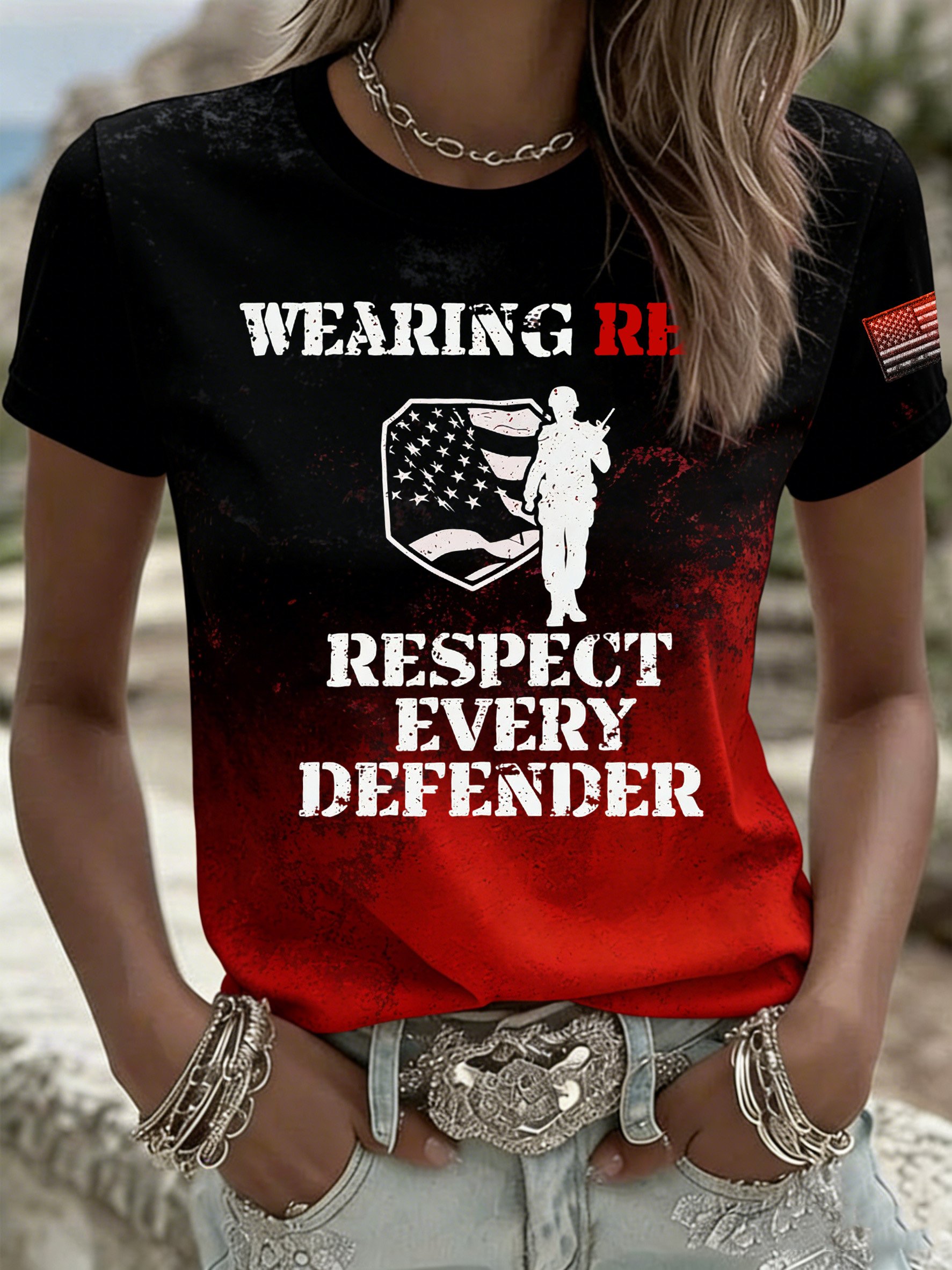 Women's Red Friday Print Casual Crew Neck Top
