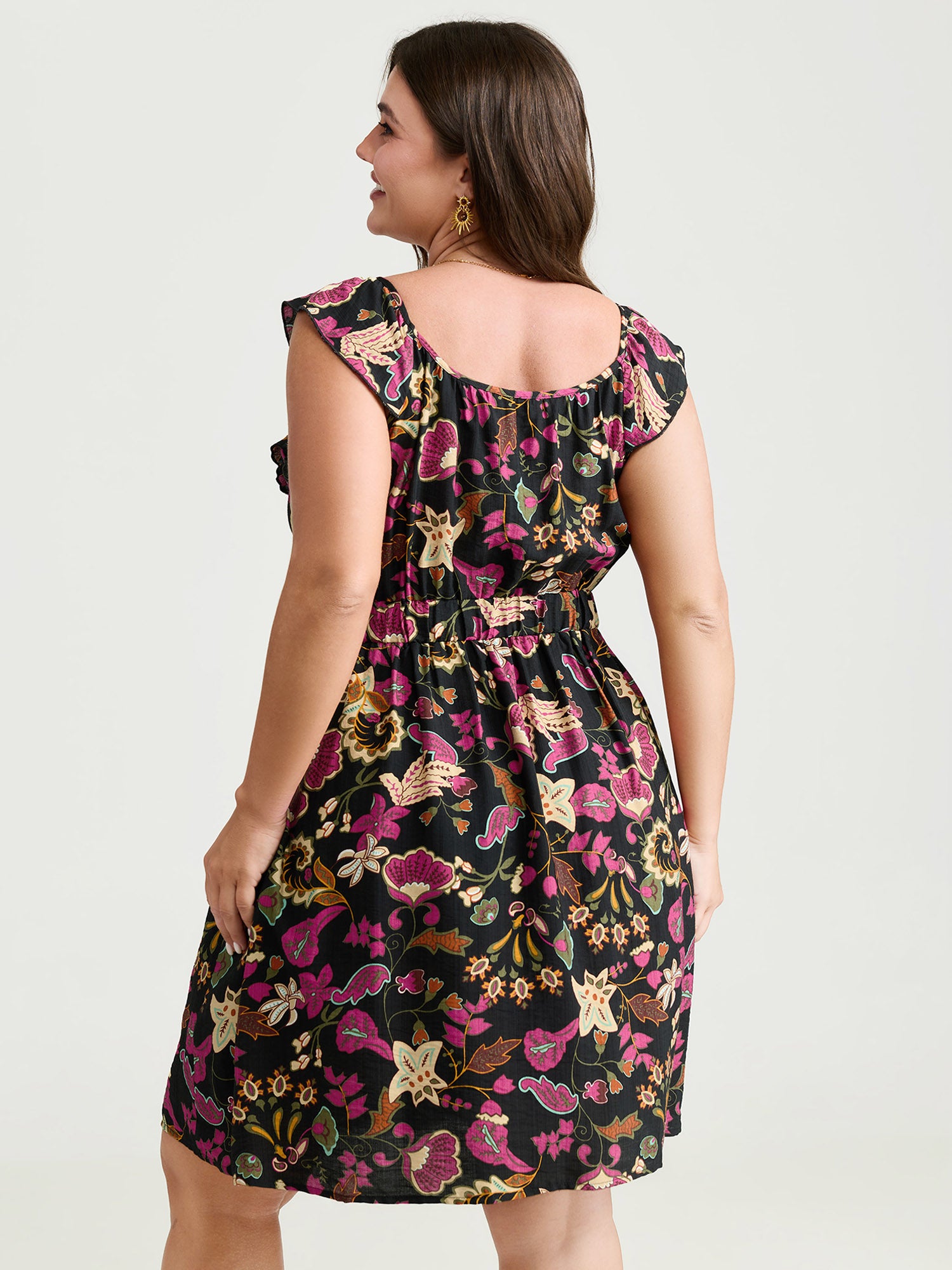 Vibrant Floral Print Ruffled Neckline Mini Dress