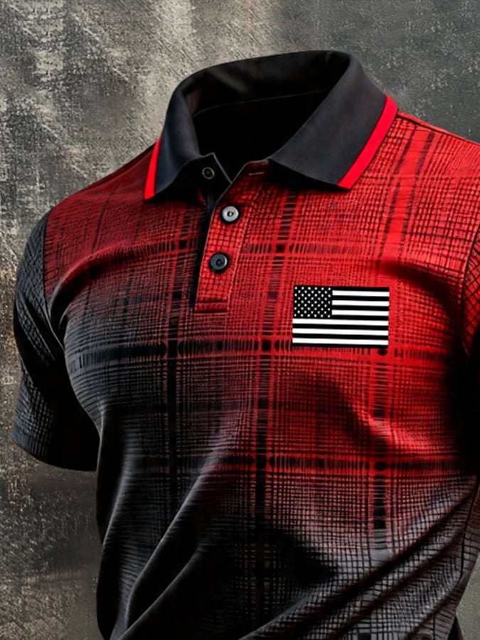 Men's Retro Patriotic Color-Block Short-Sleeve Polo Shirt