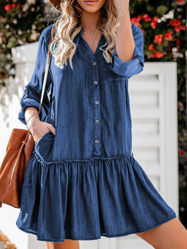 V-Neck Stitching Loose-Breasted Denim Midi Skirt