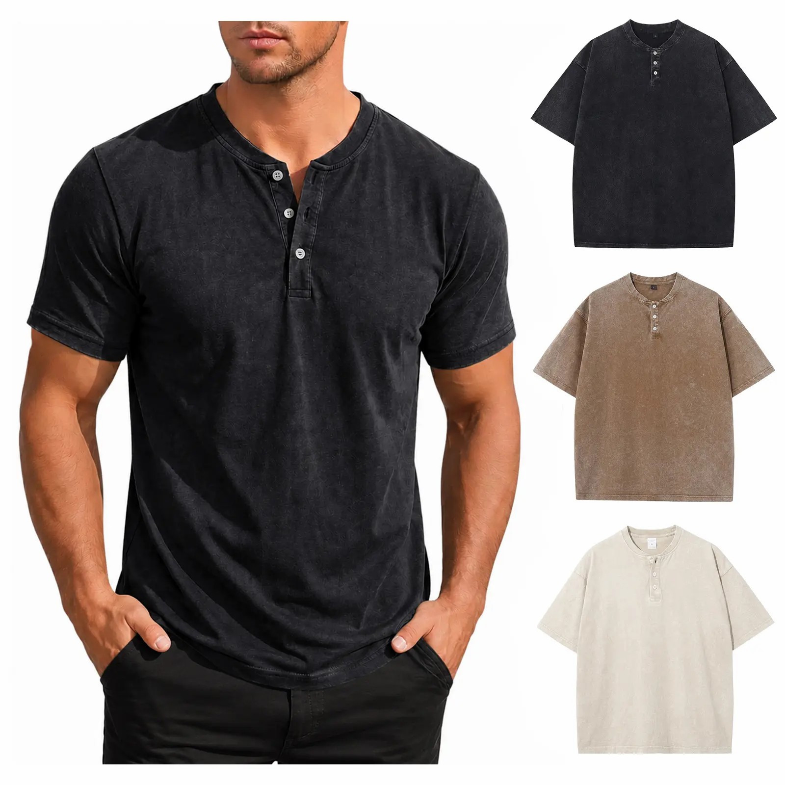 Men's 5-Pack Acid Wash Henley Shirts – Oversized Cotton Vintage Streetwear Tees