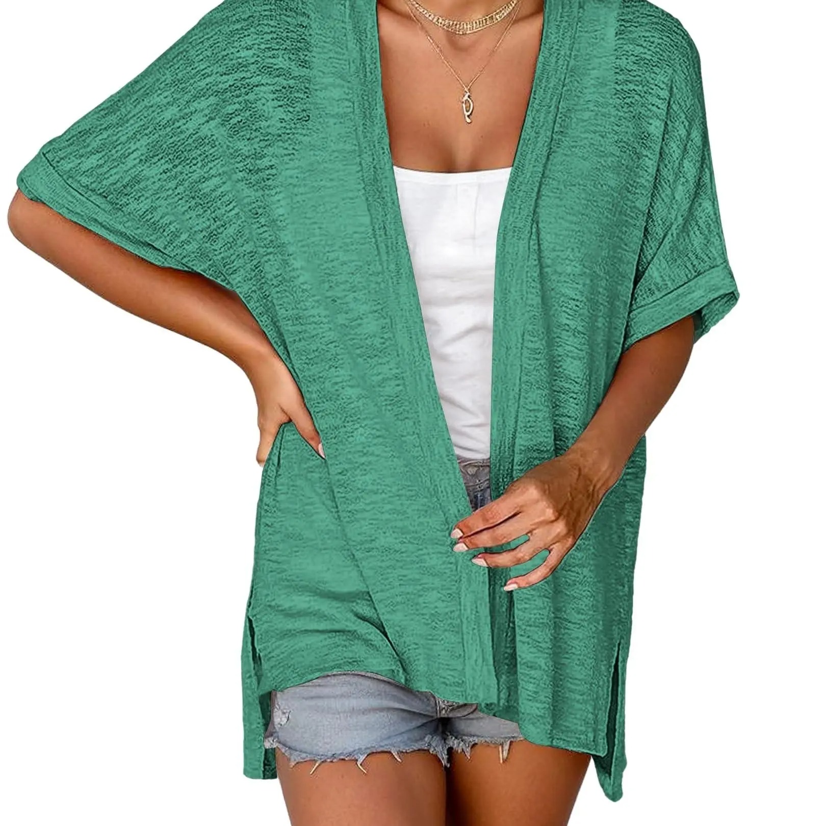 Women's Oversized Short Sleeve Open Front Knit Cardigan Lightweight Summer Beach Cover Up Casual Batwing Knit Top