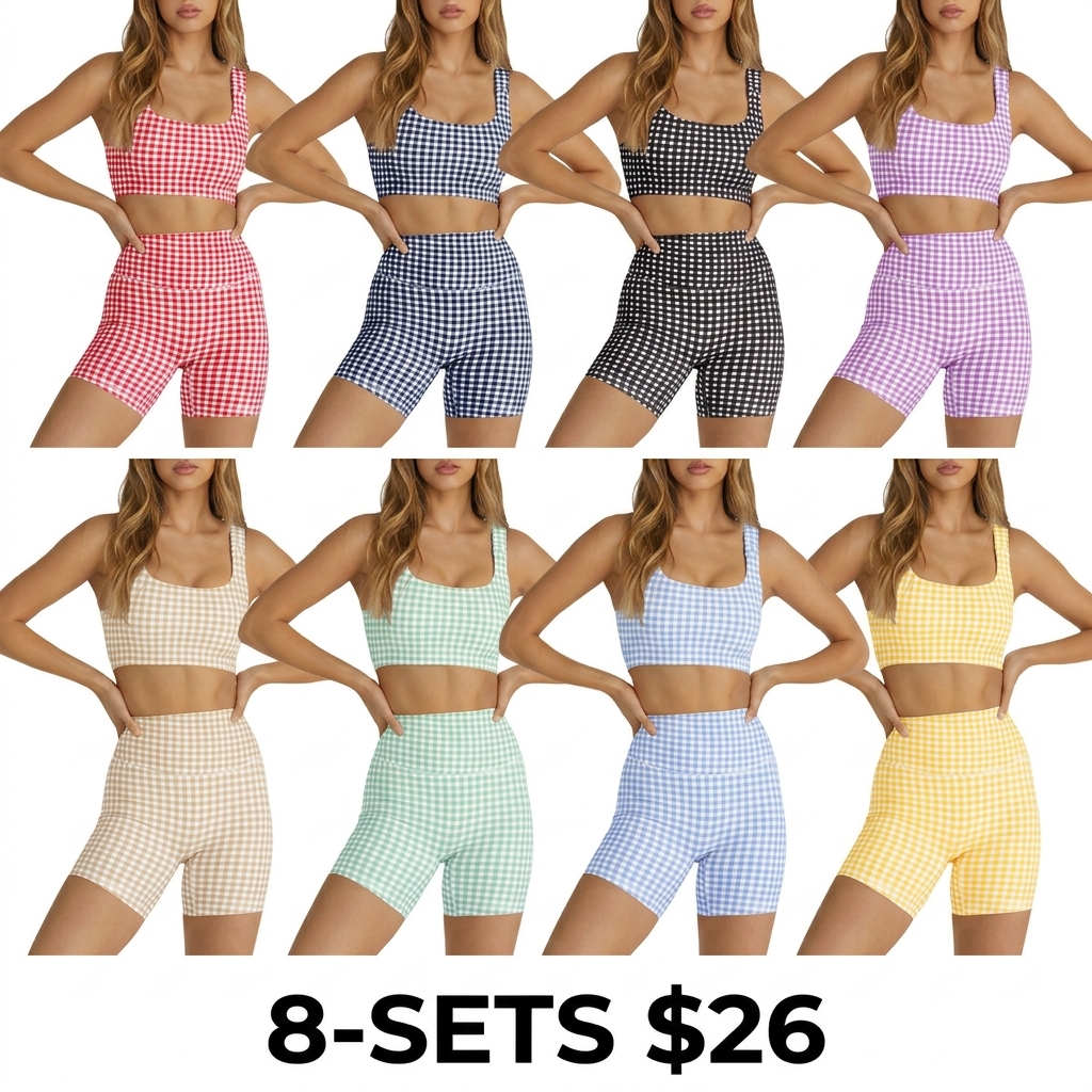 Women's 2-Piece Athleisure Set – Padded Open Back Gingham Crop Tank & High Waisted Seamless Shorts