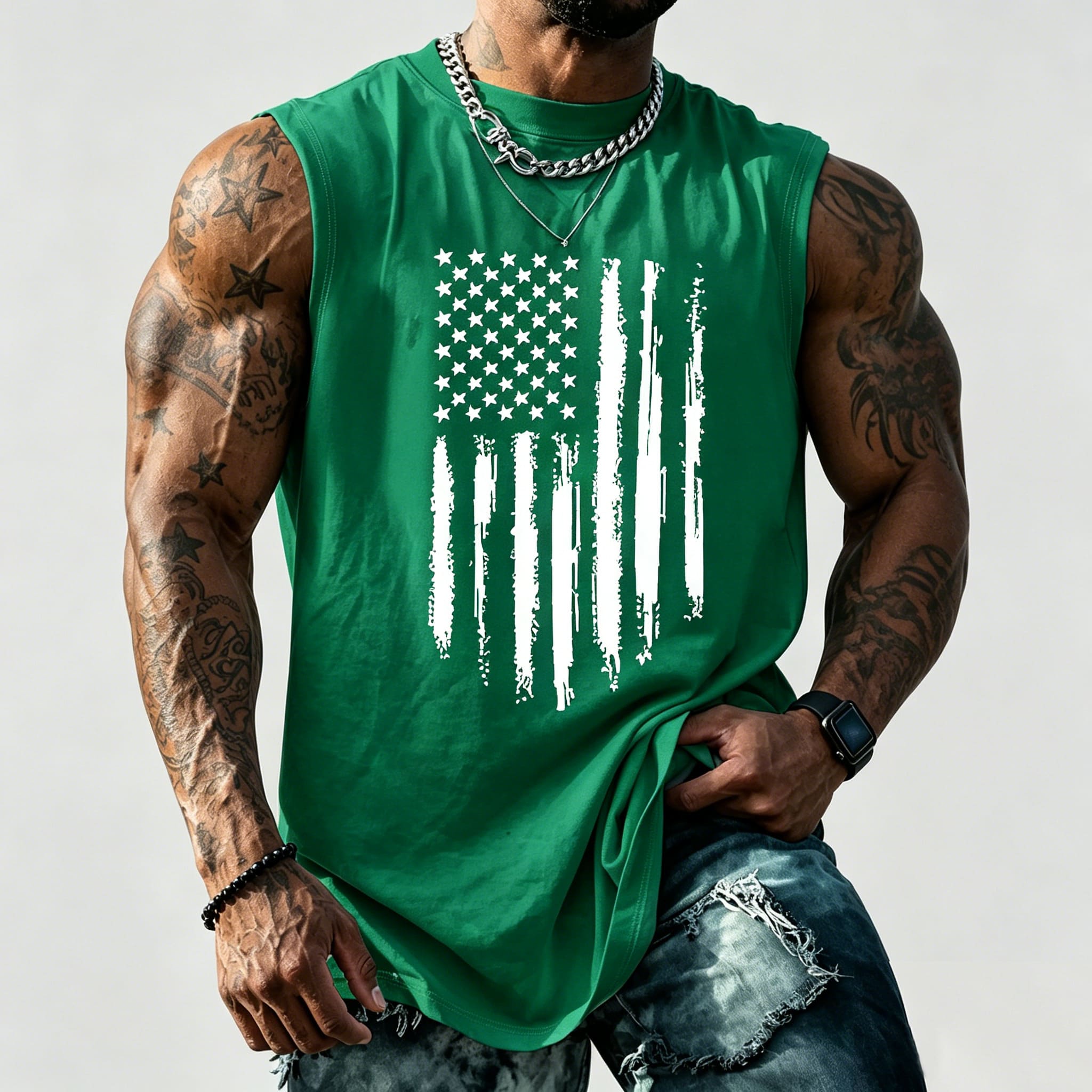 Men's American Flag Graphic Print Crew Neck Fitted Tank Top Vest