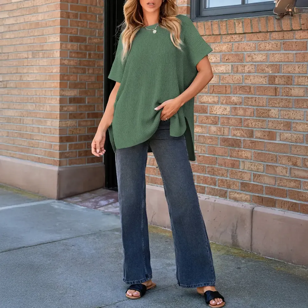 2026 Spring/Summer Oversized Cozy Ribbed Knit Top Women’s Crew Neck Short Sleeve Pullover Elegant Solid