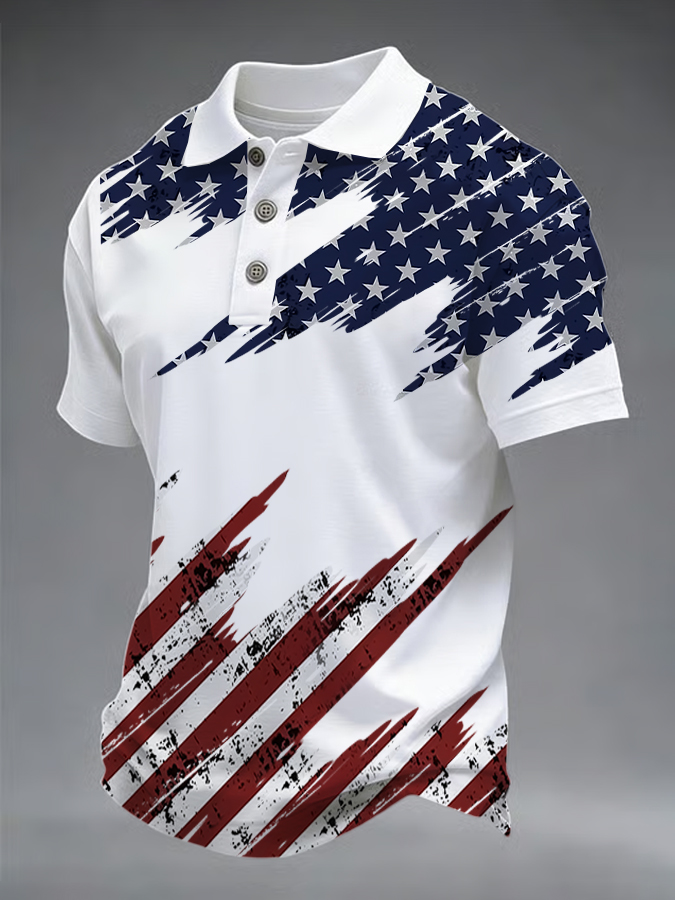 Men'S Retro American Flag Independence Day Print Casual Polo Shirt