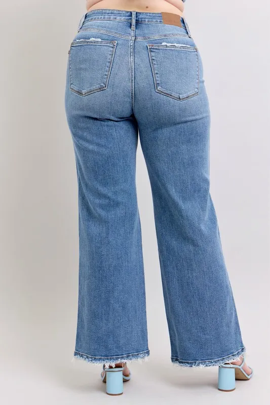 Blue Full Size Raw Hem Wide Leg Jeans Plus Size
