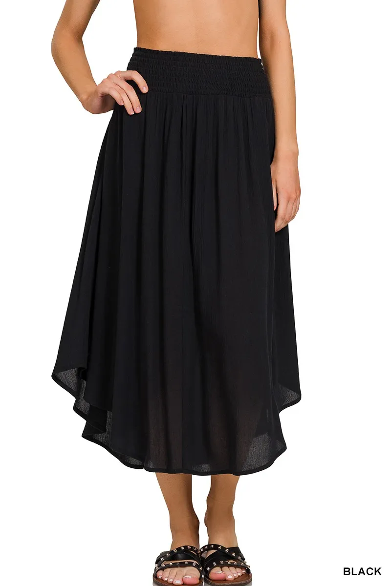 Woven Crinkle Smocked Waist Maxi Skirt W Pockets