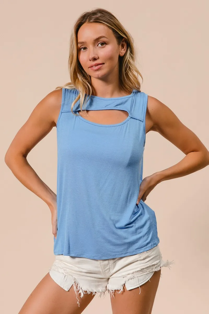 Rayon Span Knit With Cut Out Front Sleeveless Top