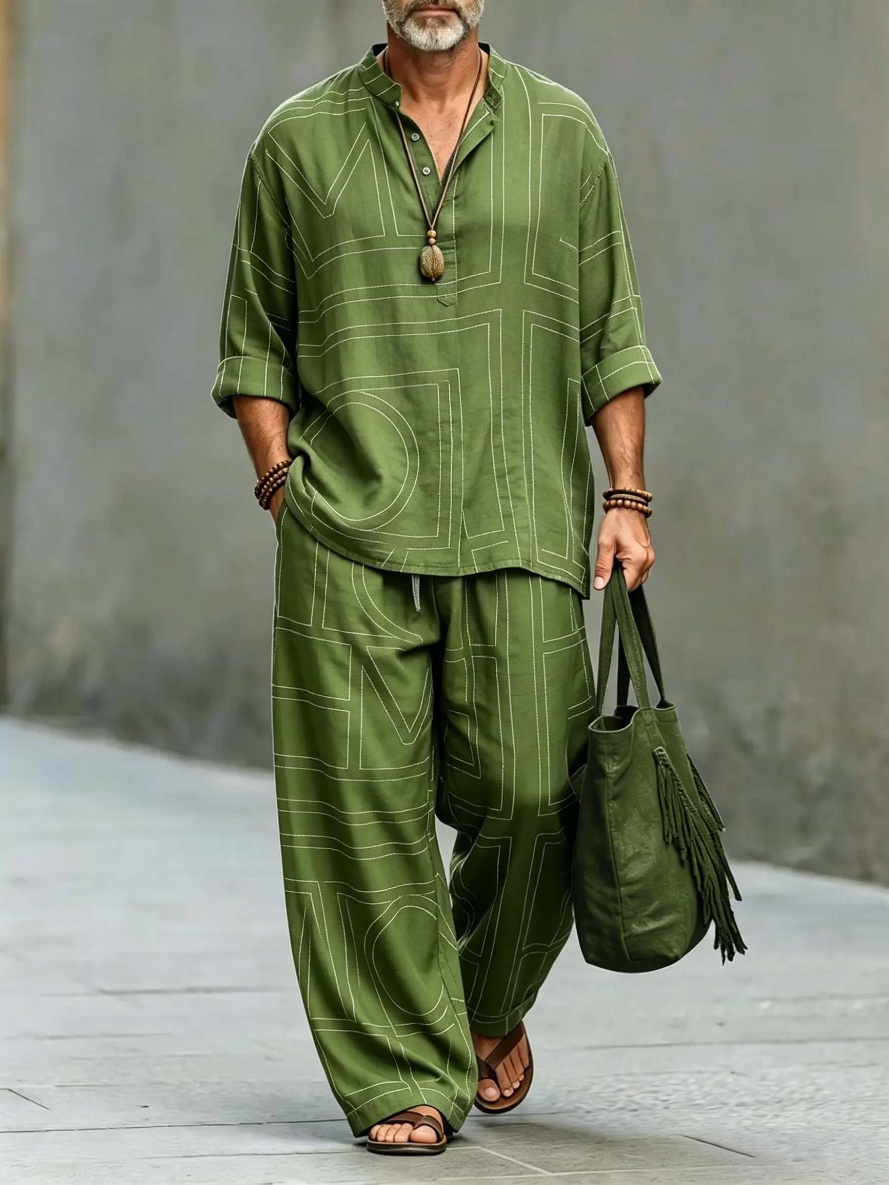 Men's Green Geometric Art Print Cotton Shirt Set