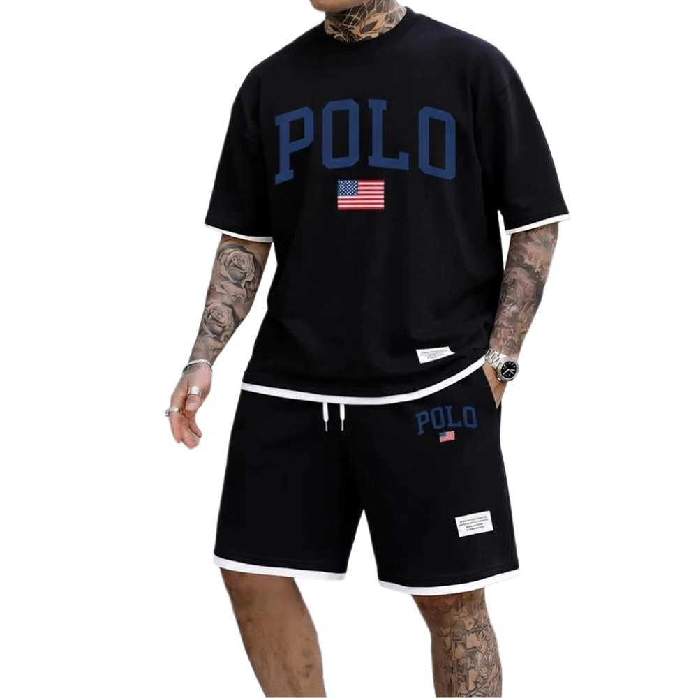 Men's Polo Print Drawstring Shorts Set