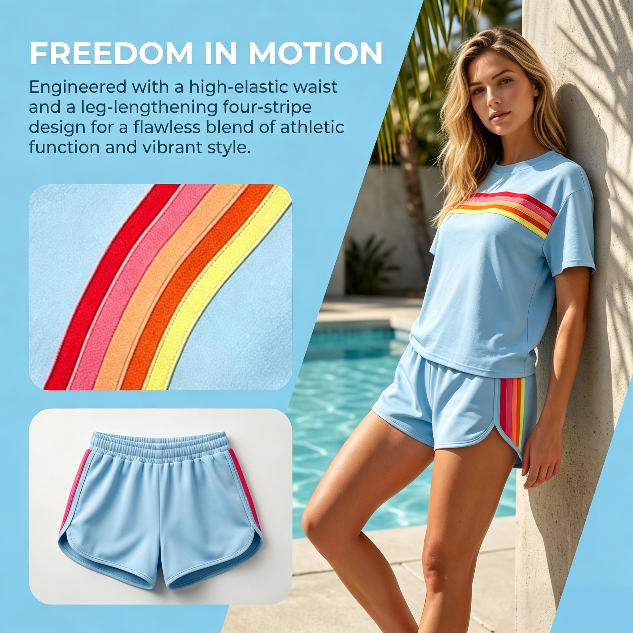 Women's Short Two-Piece Rainbow-Striped Outdoor Sports Set