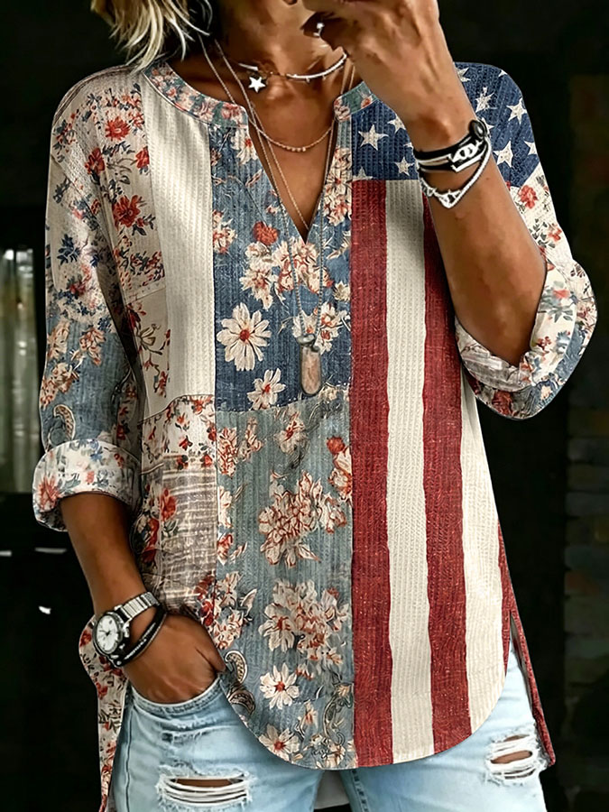 Women'S Retro Art American Flag Floral Print Round Neck Top