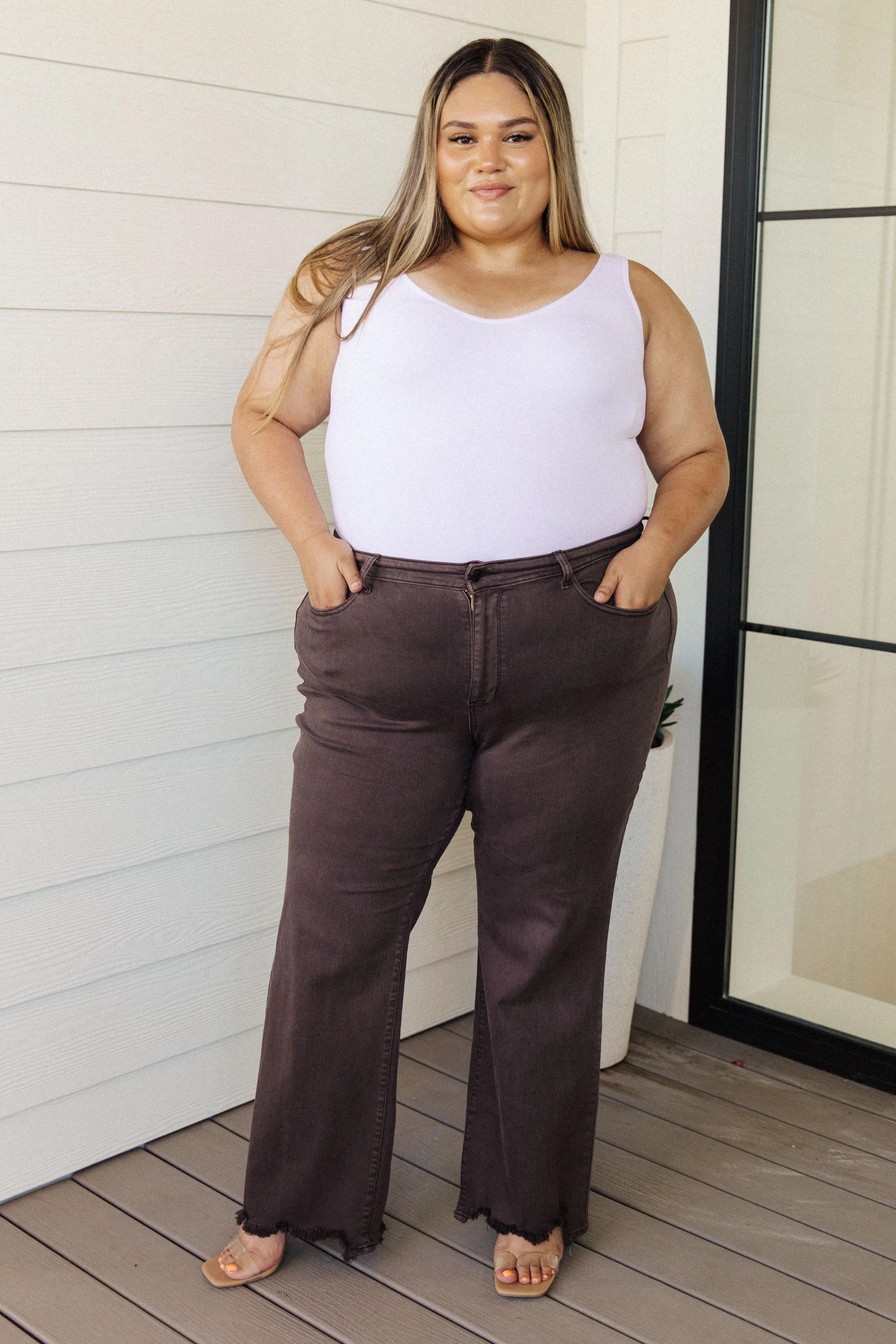 Blue Sybil High Rise Frayed Hem 90's Straight Jeans in Brown