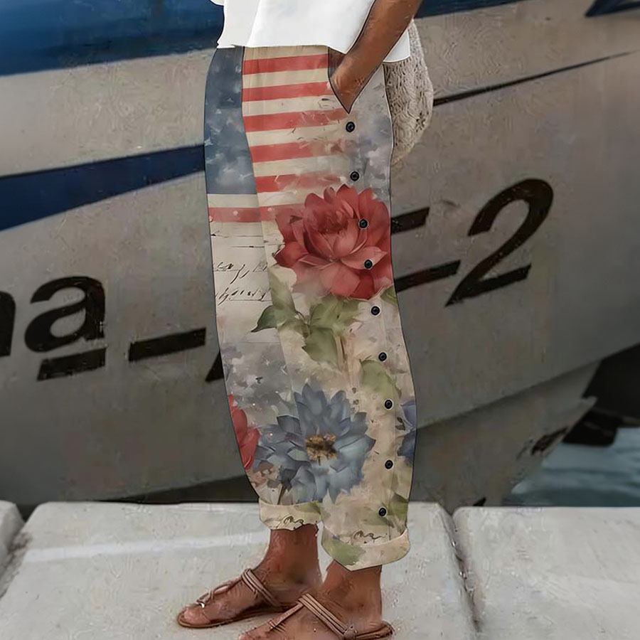 Women'S Casual American Independence Day 250Th Anniversary Printed Casual Button Design Pants