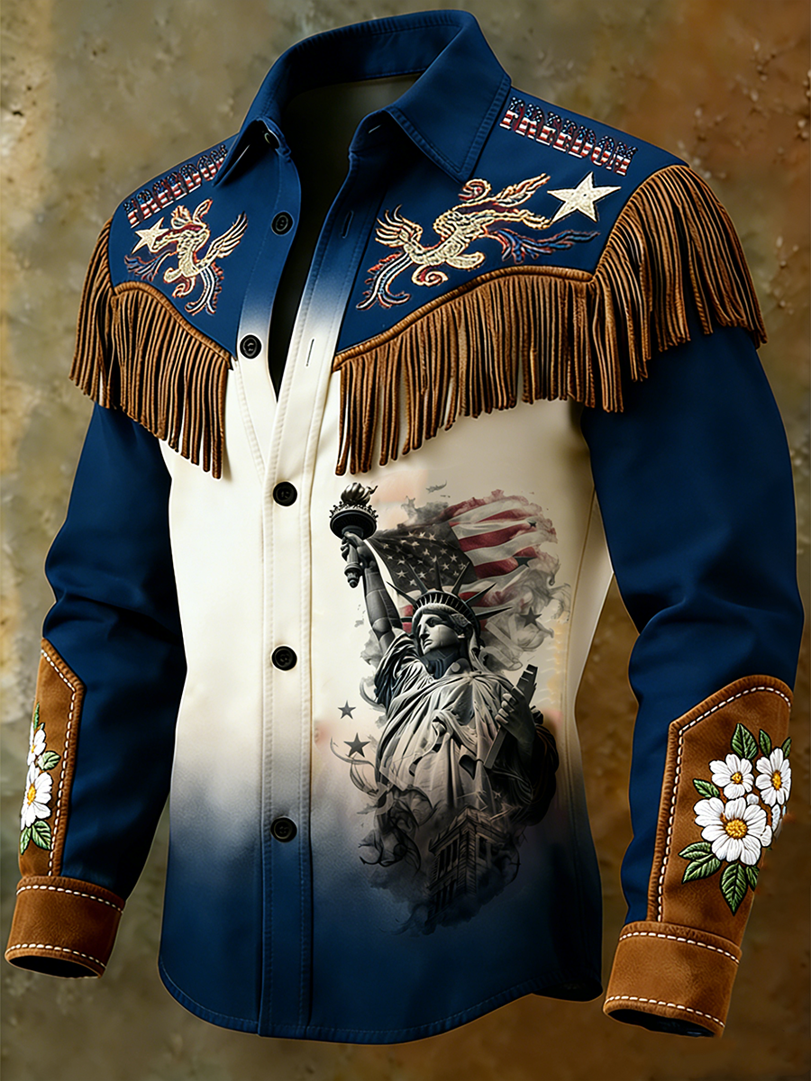 Men'S Retro Patriotic Casual Statue Of Liberty Printed Western Fringe Shirt