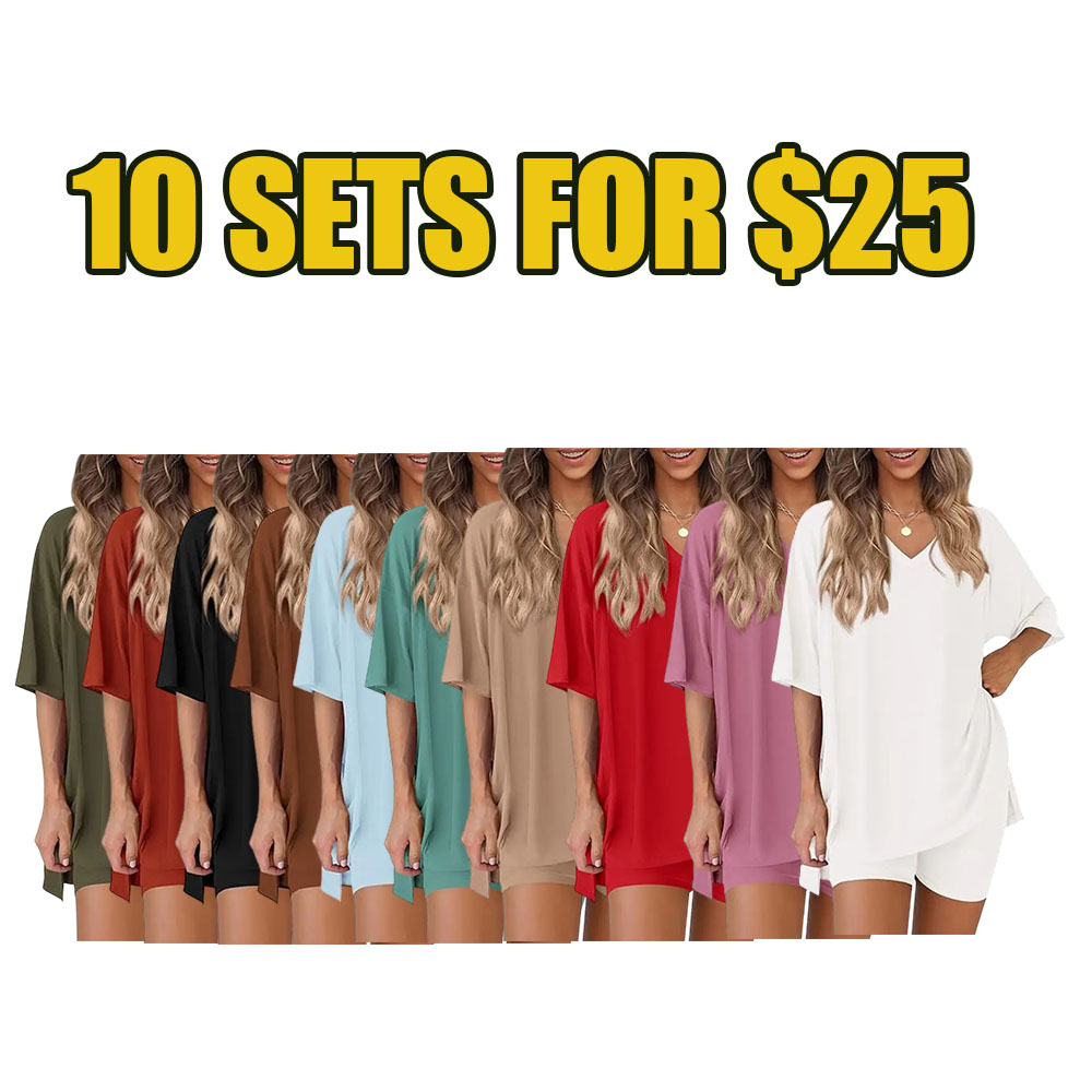 ☀️ Women’s Summer Lounge 2-Piece Set – Oversized V-Neck Top & Biker Shorts Outfit