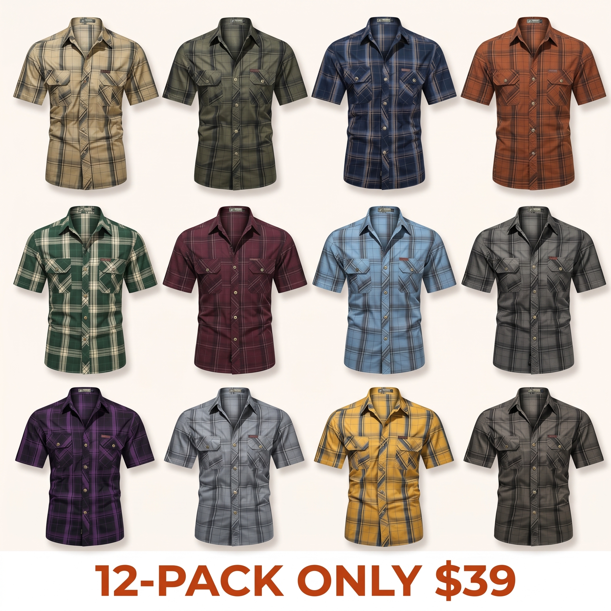 Men's Summer 100% Pure Cotton Plaid Short-Sleeve Shirt