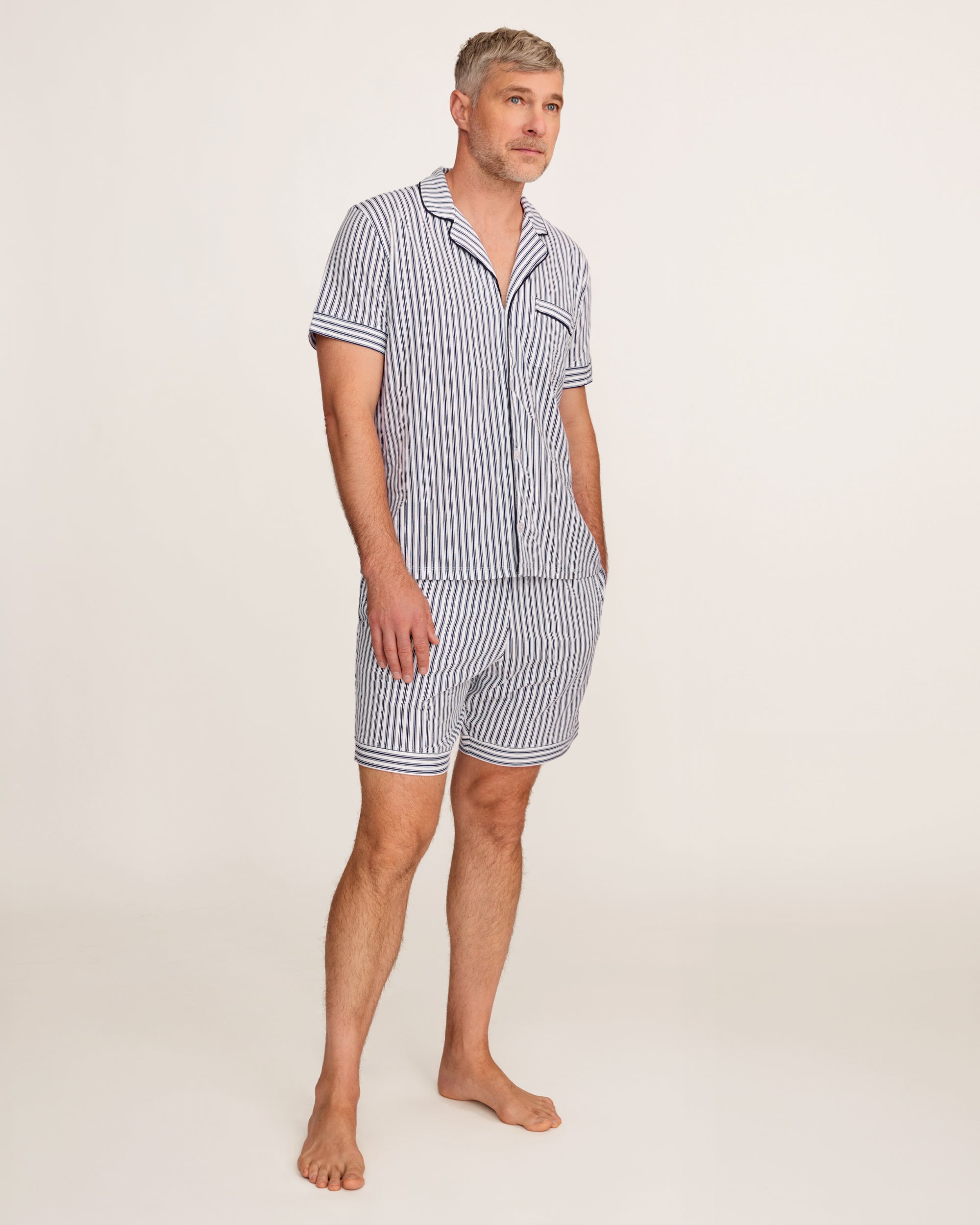 Men's Pima Pajama Short Set in Navy French Ticking