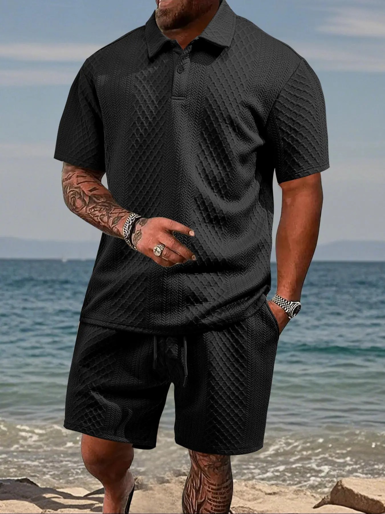 Men’s Polo Shirt & Drawstring Shorts Set – Breathable Casual 2-Piece Outfit