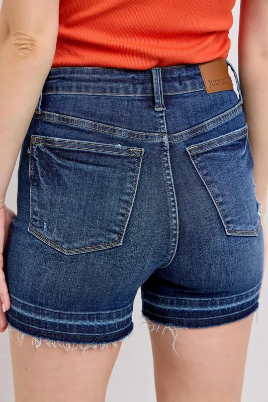 Blue High Waist Tummy Control Destroy Release Hem Denim Shorts