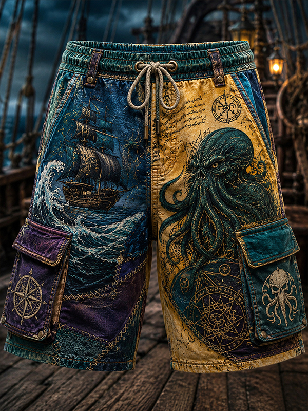 Men's Cthulhu Dark Octopus And Nautical Pirate Ship Print Drawstring Cargo Shorts