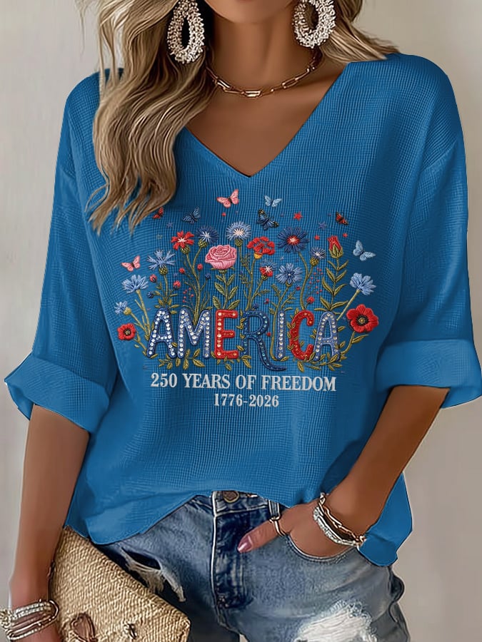 Women's casual retro 250th anniversary waffle-knit long-sleeved T-shirt