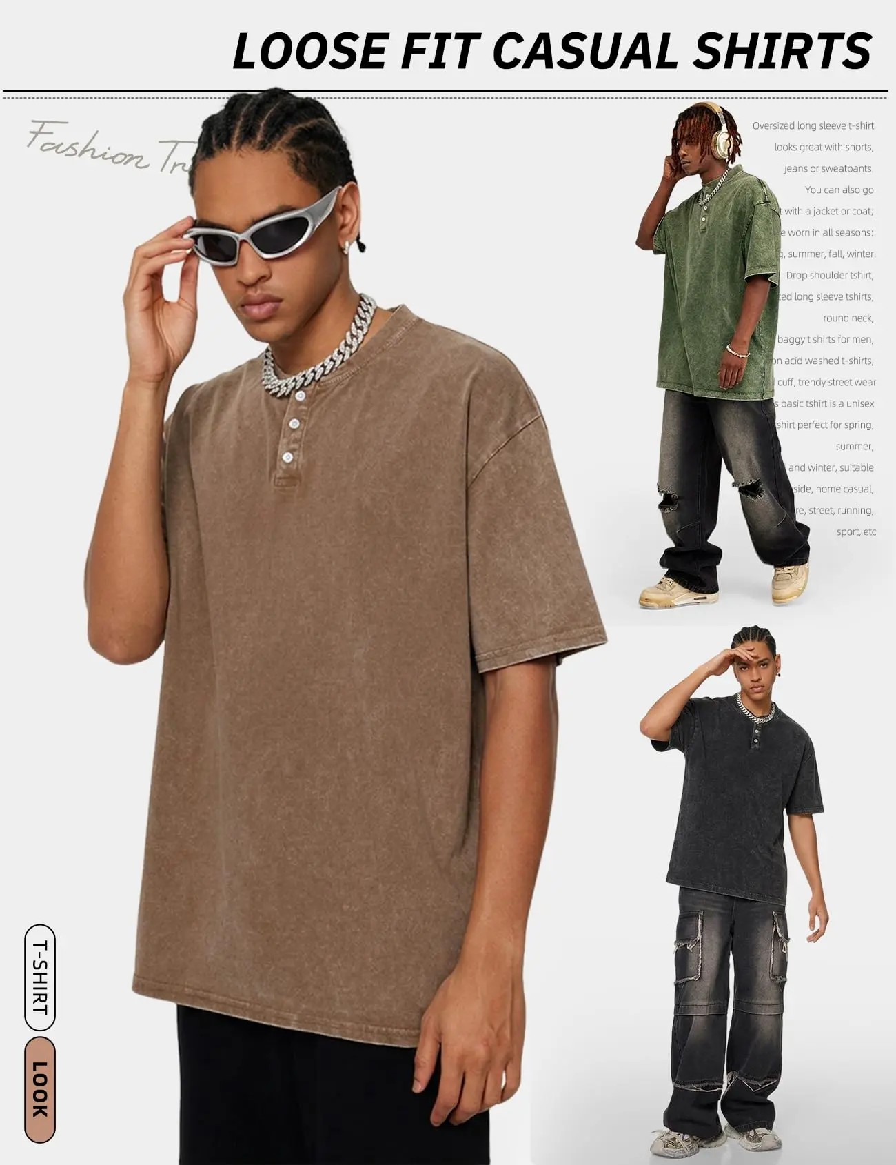 Men's 5-Pack Acid Wash Henley Shirts – Oversized Cotton Vintage Streetwear Tees