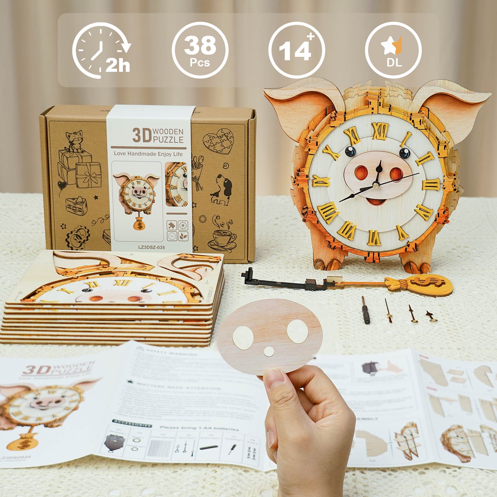 Pig DIY Wooden Clock, 3D Puzzle Craft Kit