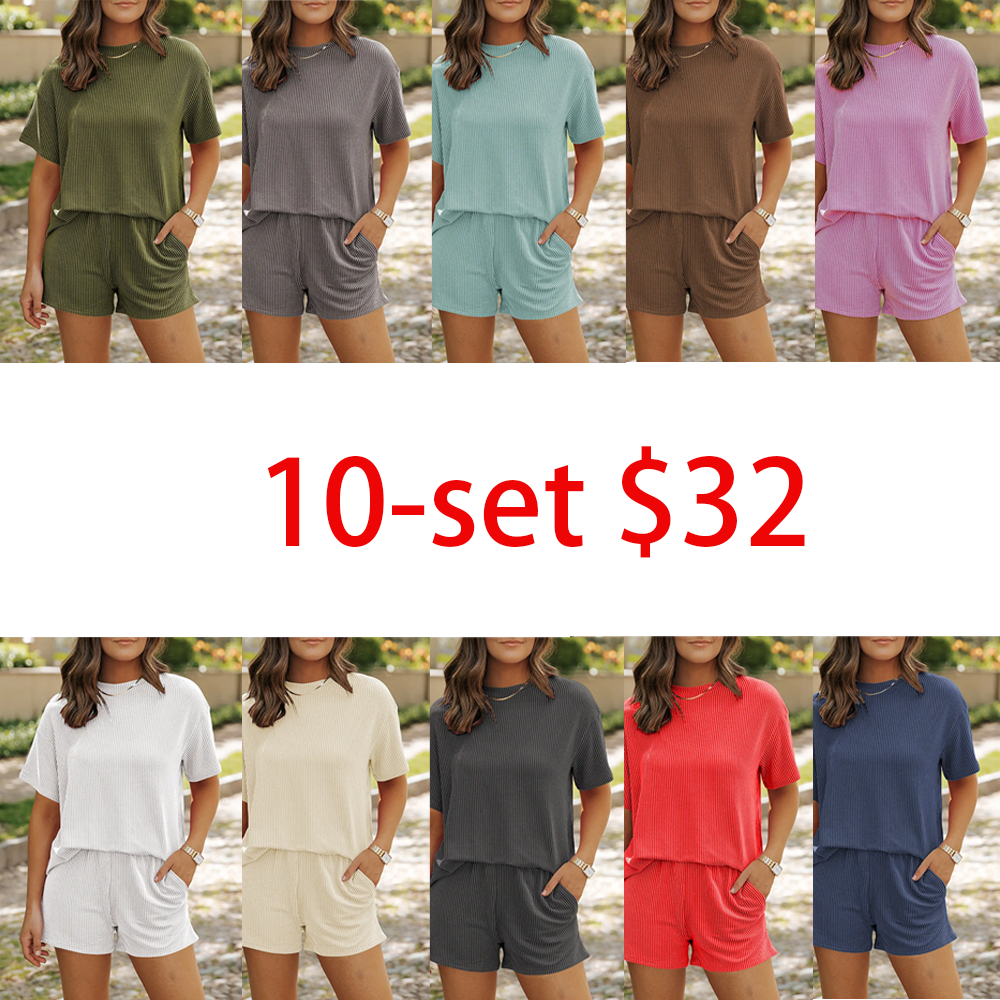 Women's 2-Piece Short Sleeve Twisted Thread Shirt & Shorts Set – Ribbed Textured Lounge Pajamas with Pockets