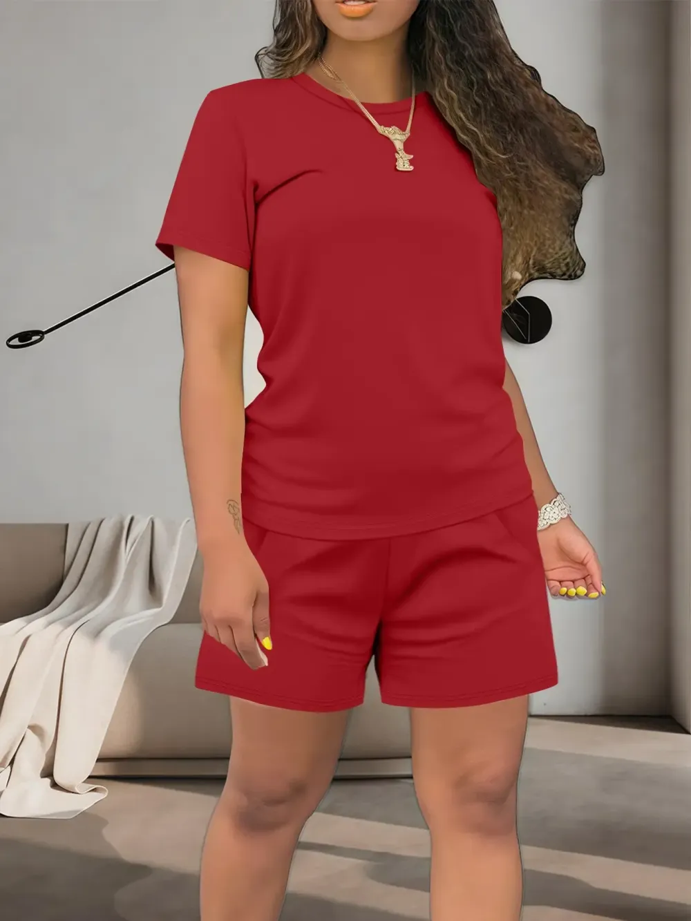 Women's Summer Casual Set, Regular Fit Short Sleeve Top & Shorts, Plain Color Women's
