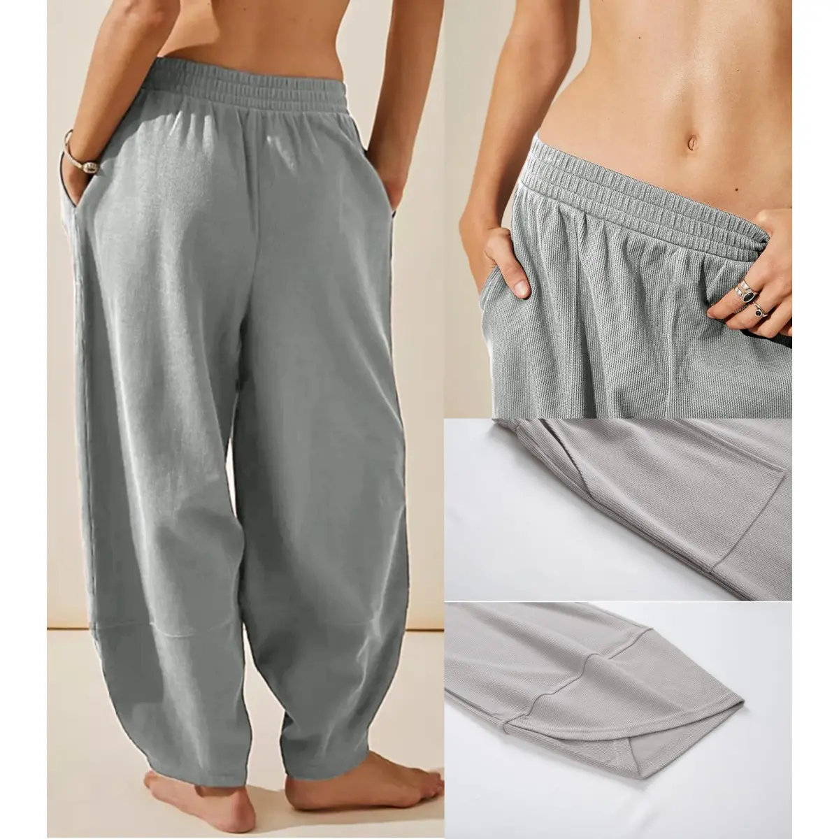 Women's Baggy Wideleg Pants Casual Elastic Waisted Palazzo Harem Pants with Pockets