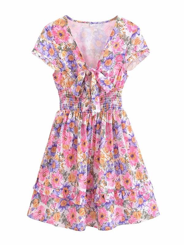 French Floral Chest Tie Waist Stitching A-Line Skirt Short-Sleeved Mini Dress