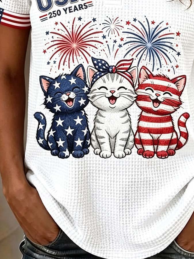 Women'S Casual Independence Day Cat Print Top